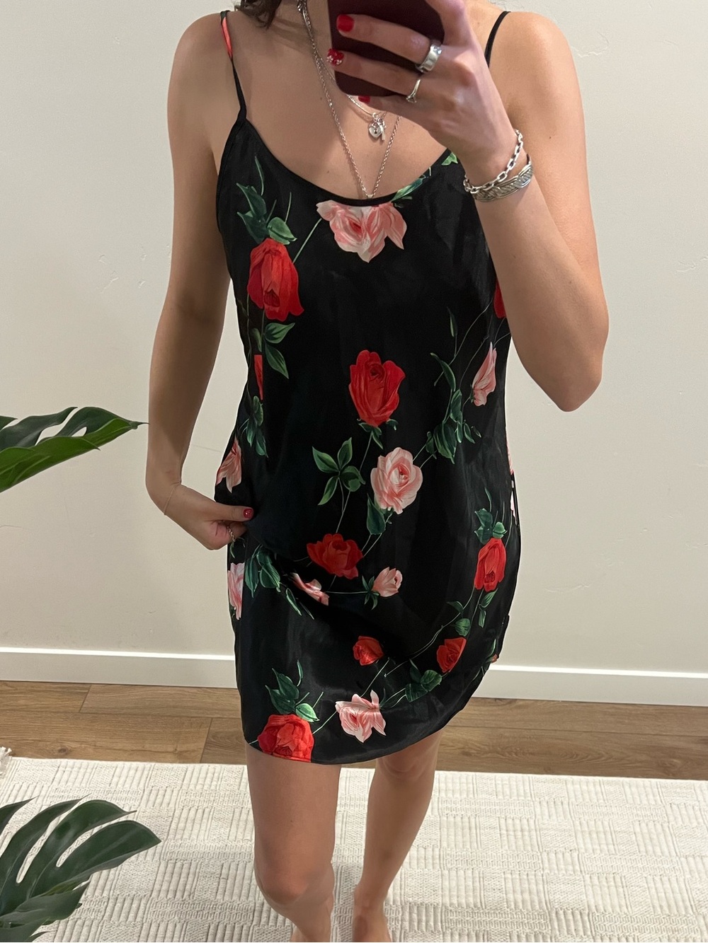 Floral Slip Dress Nightgown - Black with Red & Pink Roses